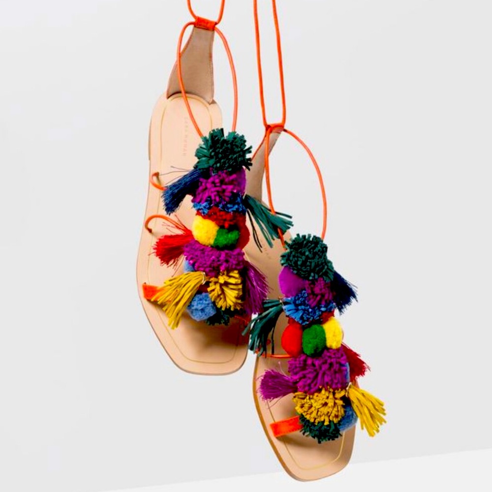 HOST PICK 🌟 Zara leather pompom sandals, sz 5.5/6
